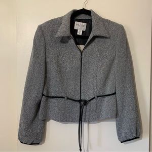 Oscar De La Renta Black Tweed Blazer with Leather Trim and Belt Size 10